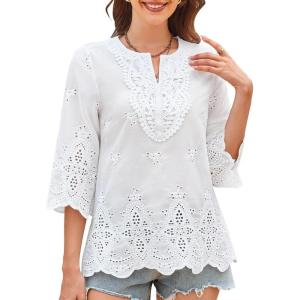 imageWomens Tops 34 Length Sleeve Eyelet Blouse Peasant Flowy Boho Top Hollow Out Embroidered Notch V Neck ShirtsWhite