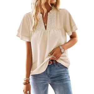 imageWomens Tops Butterfly Sleeve V Neck Blouses for Women Dressy Casual Flowy Swiss Dot Ruffle Short Sleeve ShirtsApricot
