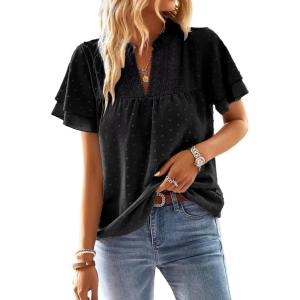 imageWomens Tops Butterfly Sleeve V Neck Blouses for Women Dressy Casual Flowy Swiss Dot Ruffle Short Sleeve ShirtsBlack