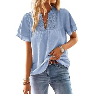 imageWomens Tops Butterfly Sleeve V Neck Blouses for Women Dressy Casual Flowy Swiss Dot Ruffle Short Sleeve ShirtsBlue