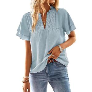 imageWomens Tops Butterfly Sleeve V Neck Blouses for Women Dressy Casual Flowy Swiss Dot Ruffle Short Sleeve ShirtsGraygreen