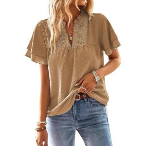 imageWomens Tops Butterfly Sleeve V Neck Blouses for Women Dressy Casual Flowy Swiss Dot Ruffle Short Sleeve ShirtsMocha