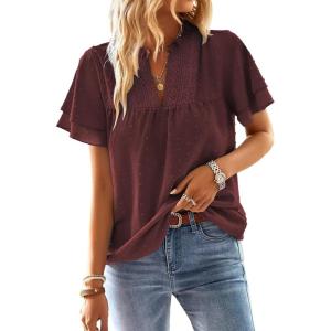 imageWomens Tops Butterfly Sleeve V Neck Blouses for Women Dressy Casual Flowy Swiss Dot Ruffle Short Sleeve ShirtsMulberry