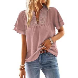 imageWomens Tops Butterfly Sleeve V Neck Blouses for Women Dressy Casual Flowy Swiss Dot Ruffle Short Sleeve ShirtsPink