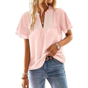 imageWomens Tops Butterfly Sleeve V Neck Blouses for Women Dressy Casual Flowy Swiss Dot Ruffle Short Sleeve ShirtsPink1