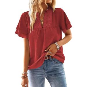 imageWomens Tops Butterfly Sleeve V Neck Blouses for Women Dressy Casual Flowy Swiss Dot Ruffle Short Sleeve ShirtsRed