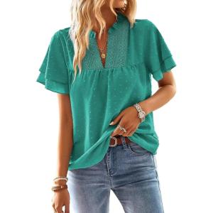 imageWomens Tops Butterfly Sleeve V Neck Blouses for Women Dressy Casual Flowy Swiss Dot Ruffle Short Sleeve ShirtsTurquoise