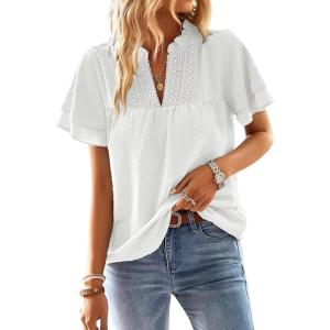 imageWomens Tops Butterfly Sleeve V Neck Blouses for Women Dressy Casual Flowy Swiss Dot Ruffle Short Sleeve ShirtsWhite