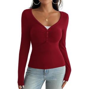 imageWomens Tops Going Out Tops Long Sleeve Shirts for Women Sexy Y2K Crop Top Lace V Neck Blouses Slim Tight Fit Tee