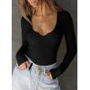 imageFalechay Womens Going Out ShortLong Sleeve Crop Tops Sexy V Neck Shirts Ribbed Blouses for Women Y2K Tee Fitted Slim TShirtBlack
