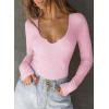imageFalechay Womens Going Out ShortLong Sleeve Crop Tops Sexy V Neck Shirts Ribbed Blouses for Women Y2K Tee Fitted Slim TShirtPink