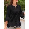 imageFalechay Womens Tops 34 Length Sleeve Eyelet Blouse Peasant Flowy Boho Top Hollow Out Embroidered Notch V Neck ShirtsBlack