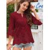 imageFalechay Womens Tops 34 Length Sleeve Eyelet Blouse Peasant Flowy Boho Top Hollow Out Embroidered Notch V Neck ShirtsRed