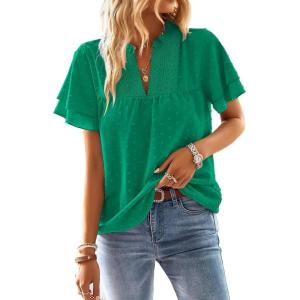 imageWomens Tops Butterfly Sleeve V Neck Blouses for Women Dressy Casual Flowy Swiss Dot Ruffle Short Sleeve ShirtsClover Green