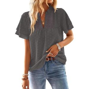 imageWomens Tops Butterfly Sleeve V Neck Blouses for Women Dressy Casual Flowy Swiss Dot Ruffle Short Sleeve ShirtsDark Gray