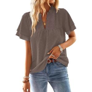 imageWomens Tops Butterfly Sleeve V Neck Blouses for Women Dressy Casual Flowy Swiss Dot Ruffle Short Sleeve ShirtsDusty Purple