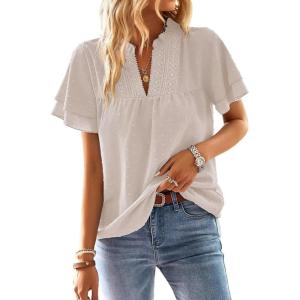 imageWomens Tops Butterfly Sleeve V Neck Blouses for Women Dressy Casual Flowy Swiss Dot Ruffle Short Sleeve ShirtsOatmeal