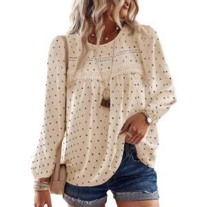 imageBoho Tops for Women Long Sleeve Shirts Crewneck Flowy Womens Blouses Dressy Casual Lace Hem Clothing Trendy 2026Apricotblack Dots