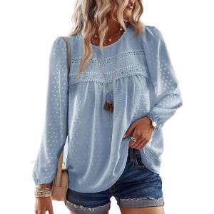 imageBoho Tops for Women Long Sleeve Shirts Crewneck Flowy Womens Blouses Dressy Casual Lace Hem Clothing Trendy 2026Blue