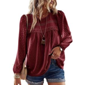imageBoho Tops for Women Long Sleeve Shirts Crewneck Flowy Womens Blouses Dressy Casual Lace Hem Clothing Trendy 2026Burgundy