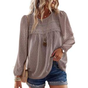 imageBoho Tops for Women Long Sleeve Shirts Crewneck Flowy Womens Blouses Dressy Casual Lace Hem Clothing Trendy 2026Coffee