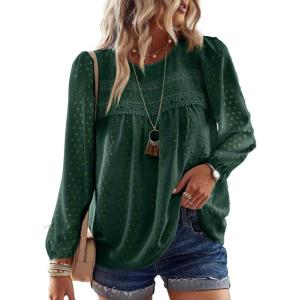 imageBoho Tops for Women Long Sleeve Shirts Crewneck Flowy Womens Blouses Dressy Casual Lace Hem Clothing Trendy 2026Dark Green