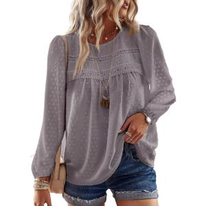 imageBoho Tops for Women Long Sleeve Shirts Crewneck Flowy Womens Blouses Dressy Casual Lace Hem Clothing Trendy 2026Dark Grey