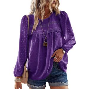 imageBoho Tops for Women Long Sleeve Shirts Crewneck Flowy Womens Blouses Dressy Casual Lace Hem Clothing Trendy 2026Dark Purple