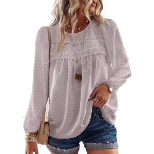 imageBoho Tops for Women Long Sleeve Shirts Crewneck Flowy Womens Blouses Dressy Casual Lace Hem Clothing Trendy 2026Gray Beige