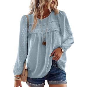 imageBoho Tops for Women Long Sleeve Shirts Crewneck Flowy Womens Blouses Dressy Casual Lace Hem Clothing Trendy 2026Graygreen