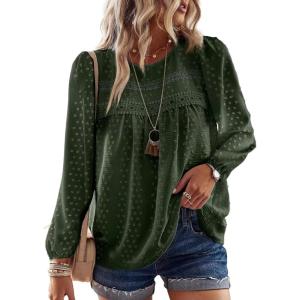 imageBoho Tops for Women Long Sleeve Shirts Crewneck Flowy Womens Blouses Dressy Casual Lace Hem Clothing Trendy 2026Green