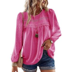 imageBoho Tops for Women Long Sleeve Shirts Crewneck Flowy Womens Blouses Dressy Casual Lace Hem Clothing Trendy 2026Hot Pink