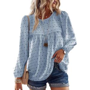 imageBoho Tops for Women Long Sleeve Shirts Crewneck Flowy Womens Blouses Dressy Casual Lace Hem Clothing Trendy 2026Light Blueblack Dots