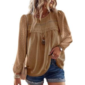 imageBoho Tops for Women Long Sleeve Shirts Crewneck Flowy Womens Blouses Dressy Casual Lace Hem Clothing Trendy 2026Mocha