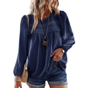 imageBoho Tops for Women Long Sleeve Shirts Crewneck Flowy Womens Blouses Dressy Casual Lace Hem Clothing Trendy 2026Navy Blue