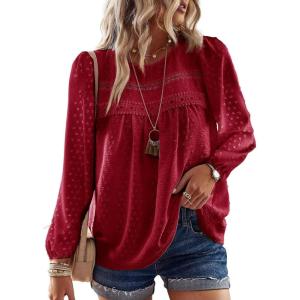 imageBoho Tops for Women Long Sleeve Shirts Crewneck Flowy Womens Blouses Dressy Casual Lace Hem Clothing Trendy 2026Red