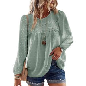 imageBoho Tops for Women Long Sleeve Shirts Crewneck Flowy Womens Blouses Dressy Casual Lace Hem Clothing Trendy 2026Sage Green