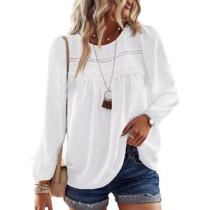 imageBoho Tops for Women Long Sleeve Shirts Crewneck Flowy Womens Blouses Dressy Casual Lace Hem Clothing Trendy 2026White
