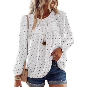 imageBoho Tops for Women Long Sleeve Shirts Crewneck Flowy Womens Blouses Dressy Casual Lace Hem Clothing Trendy 2026Whiteblack Dots