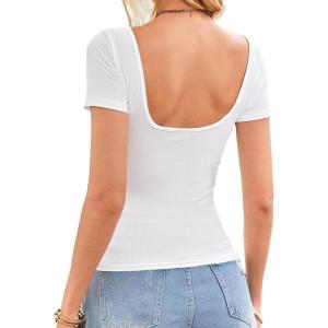 imageLong Sleeve Shirts for Women Sexy Backless Striped Tops Going Out TShirt Y2K Crop Womens Blouse Boat Neck OutfitAsolid White