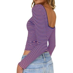 imageLong Sleeve Shirts for Women Sexy Backless Striped Tops Going Out TShirt Y2K Crop Womens Blouse Boat Neck OutfitBlue and Pink