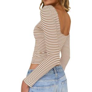 imageLong Sleeve Shirts for Women Sexy Backless Striped Tops Going Out TShirt Y2K Crop Womens Blouse Boat Neck OutfitKhaki and White