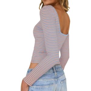 imageLong Sleeve Shirts for Women Sexy Backless Striped Tops Going Out TShirt Y2K Crop Womens Blouse Boat Neck OutfitLight Blue and Pink