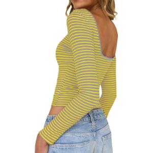 imageLong Sleeve Shirts for Women Sexy Backless Striped Tops Going Out TShirt Y2K Crop Womens Blouse Boat Neck OutfitPurple and Yellow