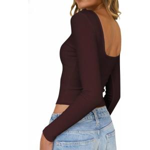 imageLong Sleeve Shirts for Women Sexy Backless Striped Tops Going Out TShirt Y2K Crop Womens Blouse Boat Neck OutfitSolid Brown