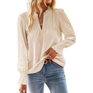imageBoho Tops for Women V Neck Blouses Flowy Swiss Dot Dressy Casual Lace Womens Long Sleeve Shirts Trendy 2026Apricot
