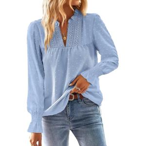 imageBoho Tops for Women V Neck Blouses Flowy Swiss Dot Dressy Casual Lace Womens Long Sleeve Shirts Trendy 2026Blue