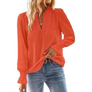 imageBoho Tops for Women V Neck Blouses Flowy Swiss Dot Dressy Casual Lace Womens Long Sleeve Shirts Trendy 2026Bright Orange