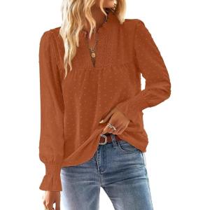 imageBoho Tops for Women V Neck Blouses Flowy Swiss Dot Dressy Casual Lace Womens Long Sleeve Shirts Trendy 2026Caramel