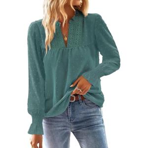 imageBoho Tops for Women V Neck Blouses Flowy Swiss Dot Dressy Casual Lace Womens Long Sleeve Shirts Trendy 2026Cyan